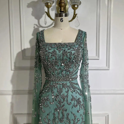 Luxury Dubai Turquoise Evening Dress with Cape Sleeves LA72400 - SERENE HILL