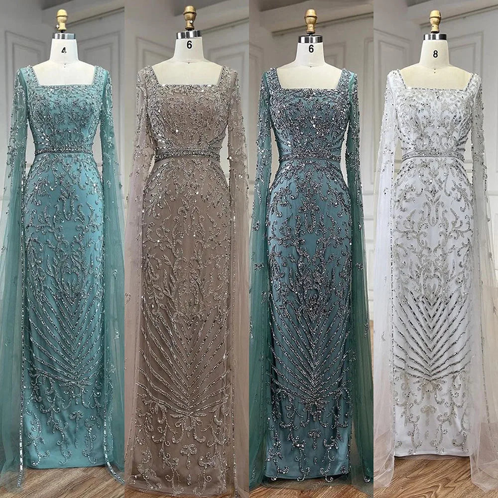 Luxury Dubai Turquoise Evening Dress with Cape Sleeves LA72400 - SERENE HILL