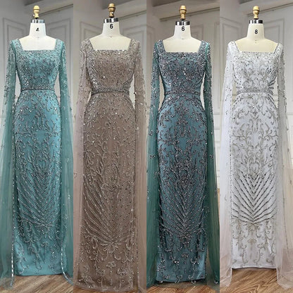 Luxury Dubai Turquoise Evening Dress with Cape Sleeves LA72400 - SERENE HILL