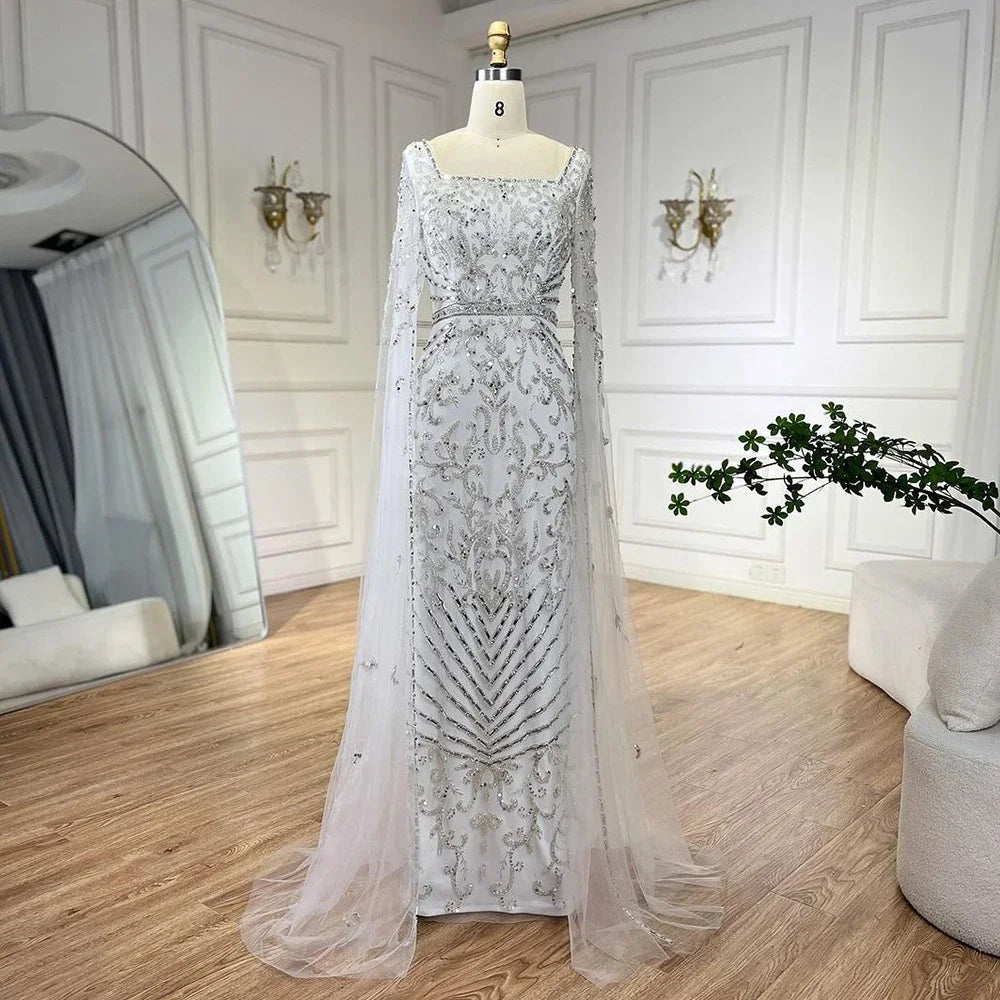 Luxury Dubai Turquoise Evening Dress with Cape Sleeves LA72400 - SERENE HILL