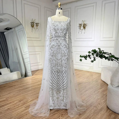Luxury Dubai Turquoise Evening Dress with Cape Sleeves LA72400 - SERENE HILL