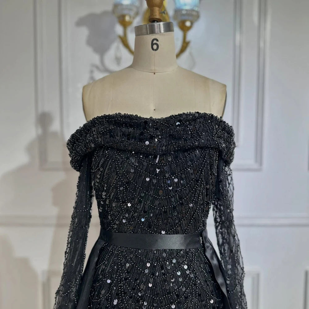 Luxury Dubai Black Off-Shoulder Beaded Evening Gown with Detachable Satin Overskirt for Formal Occasion LA72254B - SERENE HILL