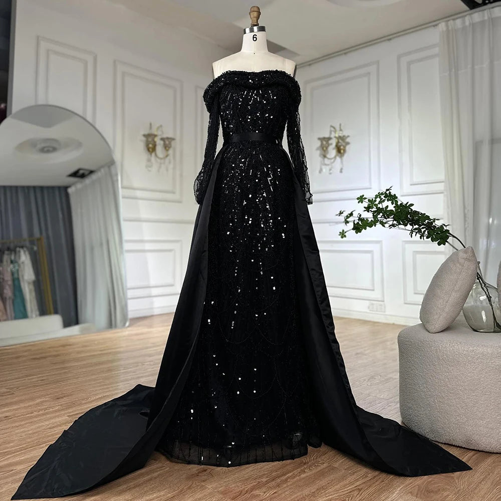 Luxury Dubai Black Off-Shoulder Beaded Evening Gown with Detachable Satin Overskirt for Formal Occasion LA72254B - SERENE HILL