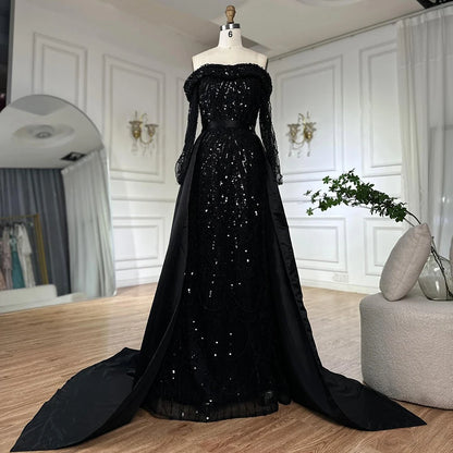Luxury Dubai Black Off-Shoulder Beaded Evening Gown with Detachable Satin Overskirt for Formal Occasion LA72254B - SERENE HILL