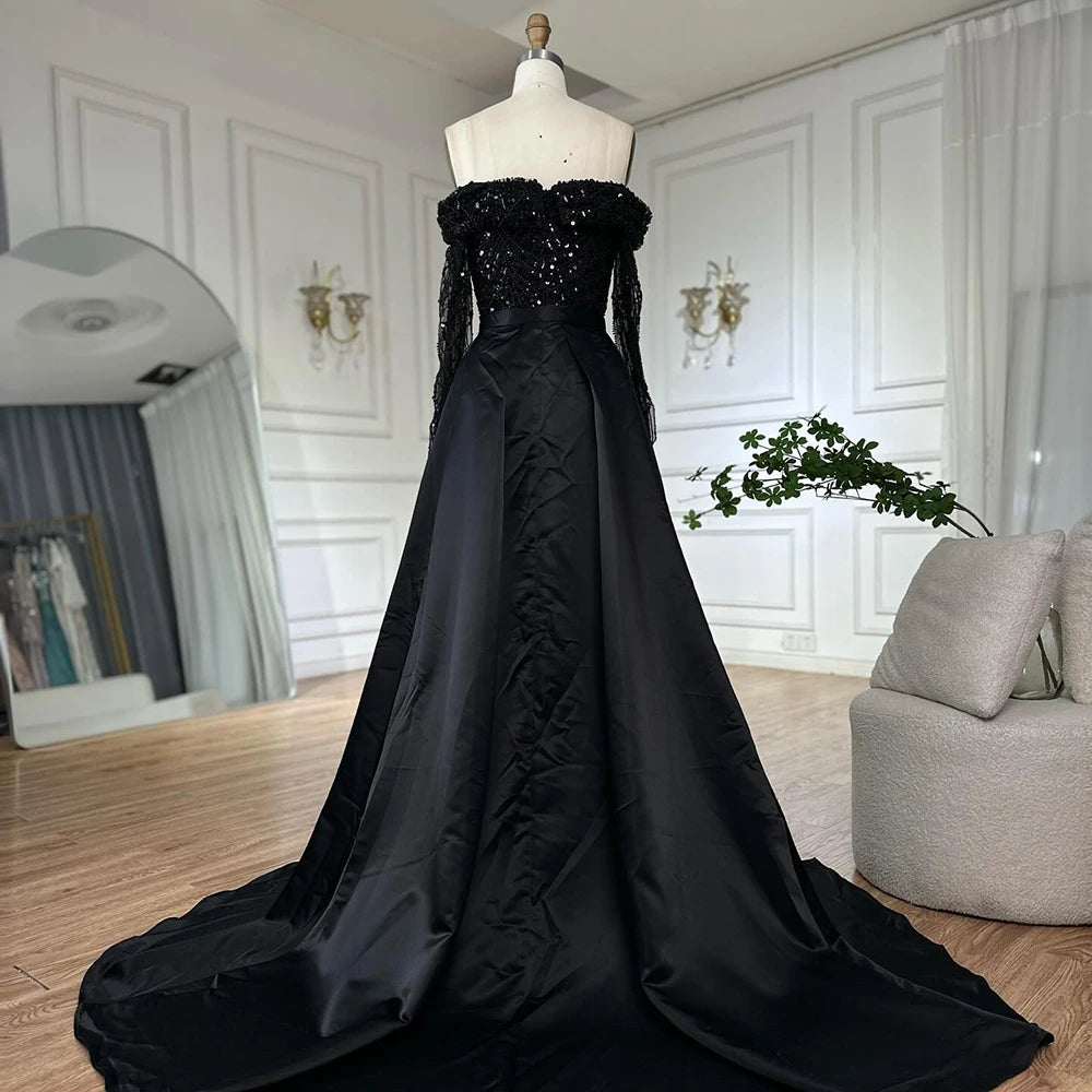 Luxury Dubai Black Off-Shoulder Beaded Evening Gown with Detachable Satin Overskirt for Formal Occasion LA72254B - SERENE HILL