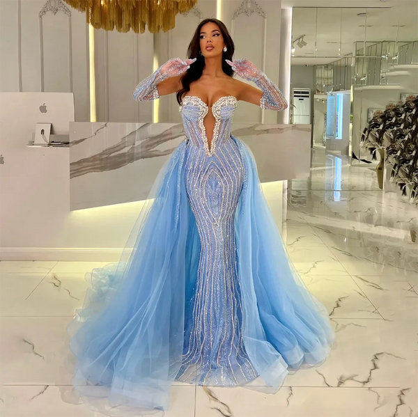 Luxury Blue Mermaid Evening Dress with Gloves and Overskirt LA72582