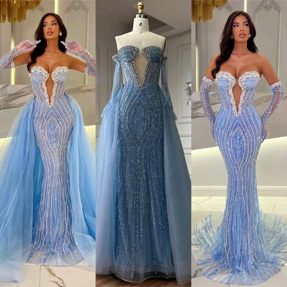 Luxury Blue Mermaid Evening Dress with Gloves and Overskirt LA72582 - SERENE HILL