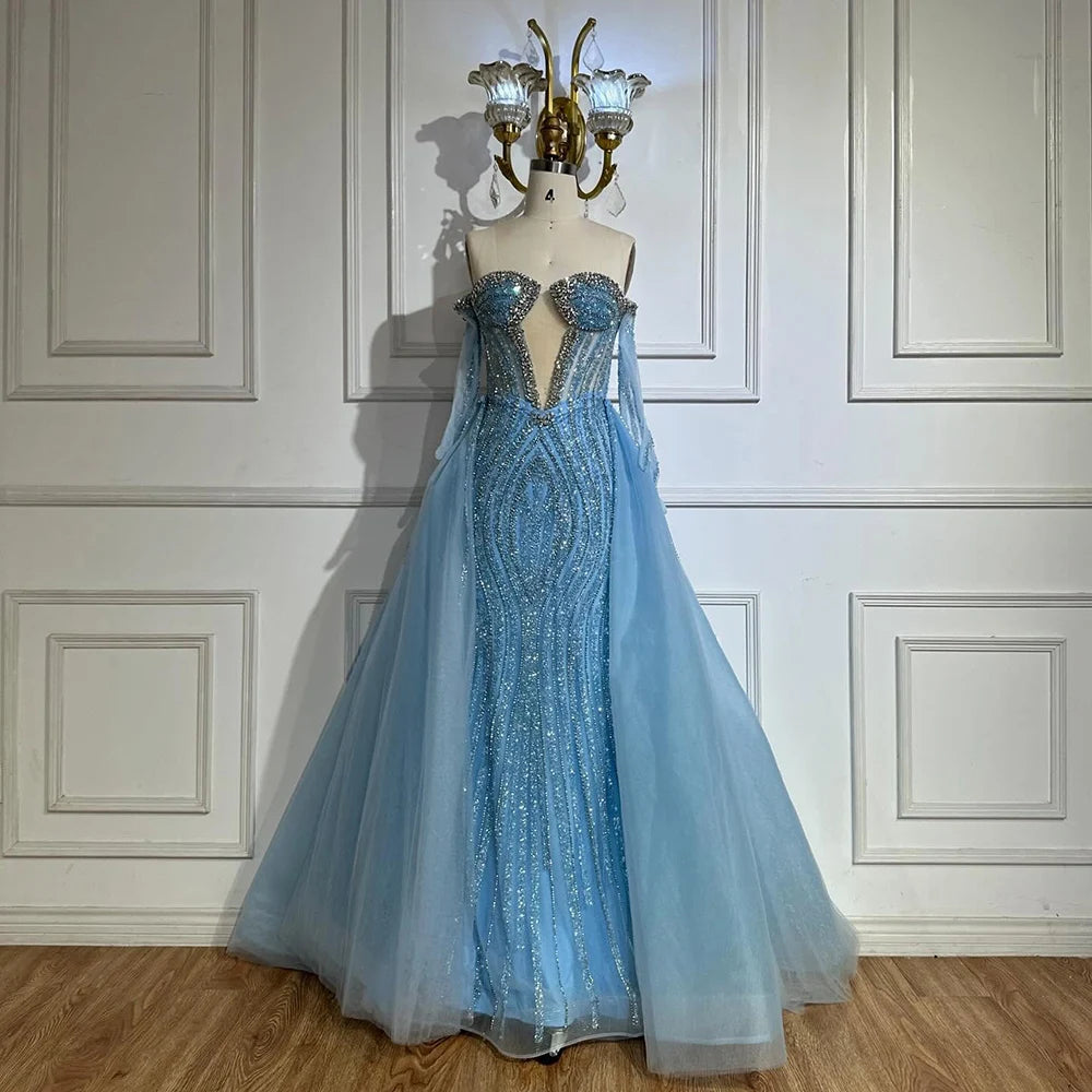 Luxury Blue Mermaid Evening Dress with Gloves and Overskirt LA72582 - SERENE HILL