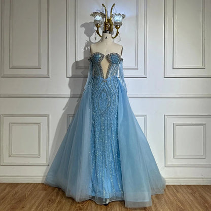 Luxury Blue Mermaid Evening Dress with Gloves and Overskirt LA72582 - SERENE HILL