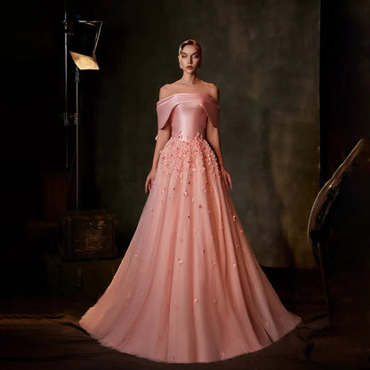 Arabia Peach Off the Shoulder A Line Satin Appliques Evening Dress Gown LA72830 - SERENE HILL