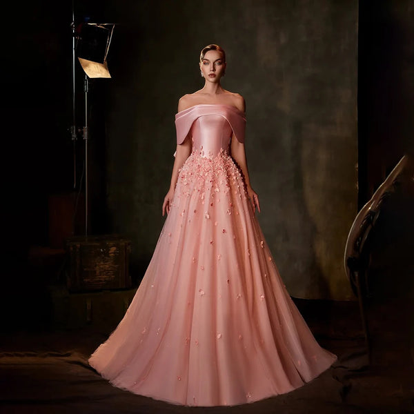 Arabia Peach Off the Shoulder A Line Satin Appliques Evening Dress Gown LA72830
