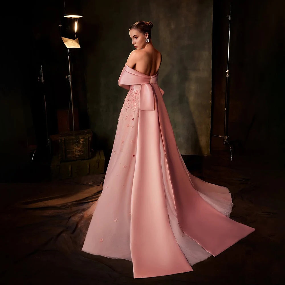 Arabia Peach Off the Shoulder A Line Satin Appliques Evening Dress Gown LA72830 - SERENE HILL