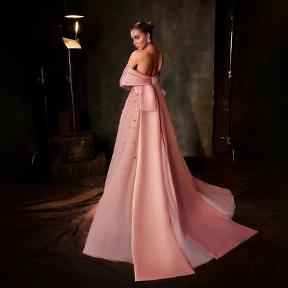 Arabia Peach Off the Shoulder A Line Satin Appliques Evening Dress Gown LA72830 - SERENE HILL