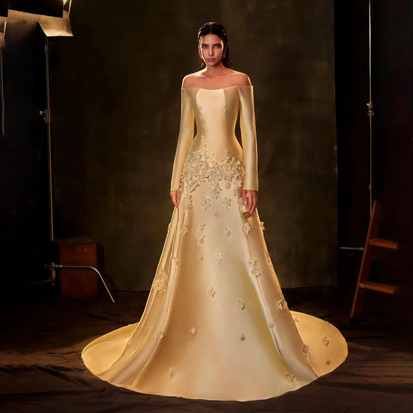 Luxury Dubai   Arabia Yellow A-Line Satin Appliques Evening Dresses Gowns for Formal Occasion LA72833