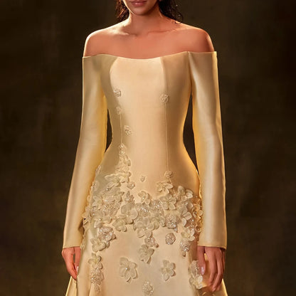 Luxury Dubai Arabia Yellow A-Line Satin Appliques Evening Dresses Gowns for Formal Occasion LA72833 - SERENE HILL