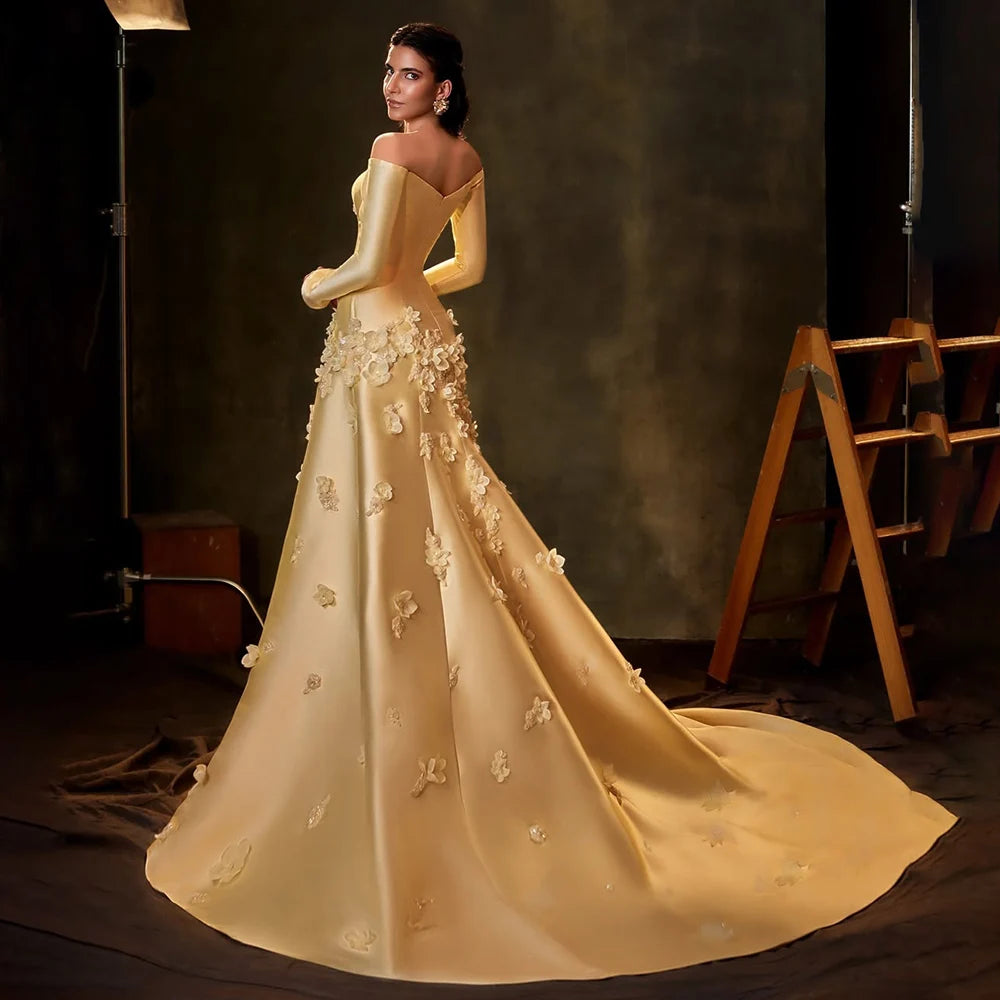 Luxury Dubai Arabia Yellow A-Line Satin Appliques Evening Dresses Gowns for Formal Occasion LA72833 - SERENE HILL