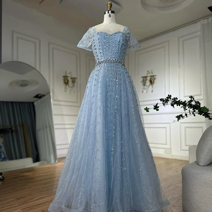 Blue A Line Beaded Backless Evening Dress Gown LA72834 - SERENE HILL