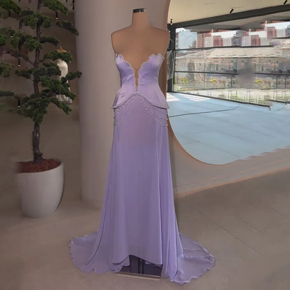 Luxury Dubai Arabic Lilac Beaded Mermaid Satin Evening Dresses Gowns for Formal Occasion LA72808 - SERENE HILL