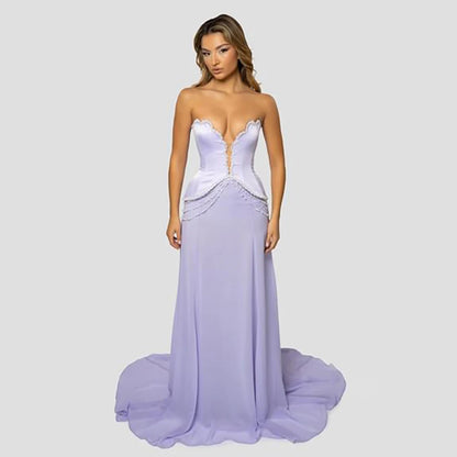 Luxury Dubai Arabic Lilac Beaded Mermaid Satin Evening Dresses Gowns for Formal Occasion LA72808 - SERENE HILL