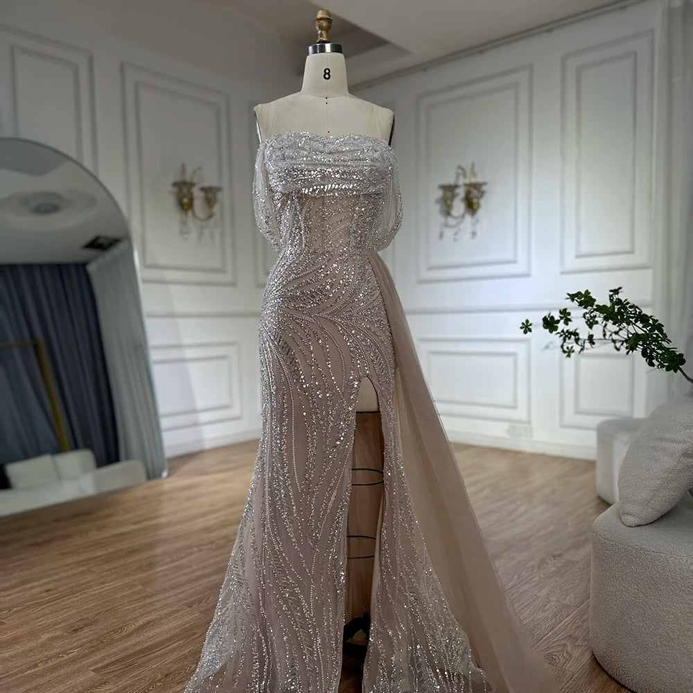 White Arabic Nude Beaded High Split Mermaid Evening Dresses Gowns For Women Wedding Party LA72266B - SERENE HILL