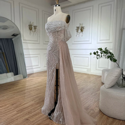 White Arabic Nude Beaded High Split Mermaid Evening Dresses Gowns For Women Wedding Party LA72266B - SERENE HILL