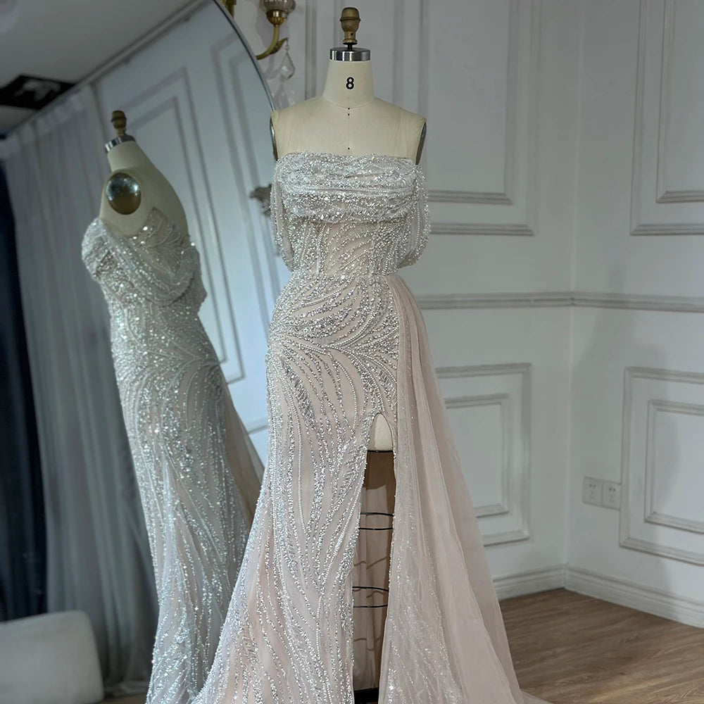 White Arabic Nude Beaded High Split Mermaid Evening Dresses Gowns For Women Wedding Party LA72266B - SERENE HILL