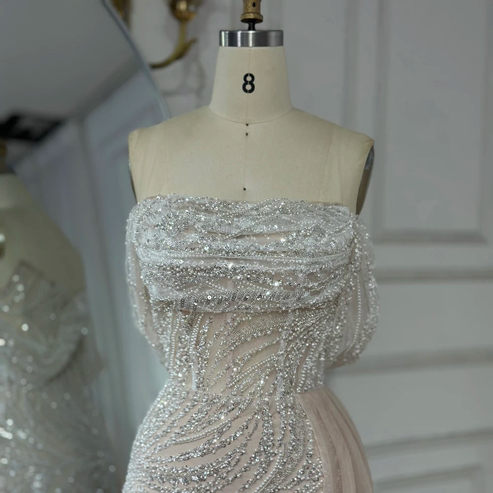 White Arabic Nude Beaded High Split Mermaid Evening Dresses Gowns For Women Wedding Party LA72266B - SERENE HILL