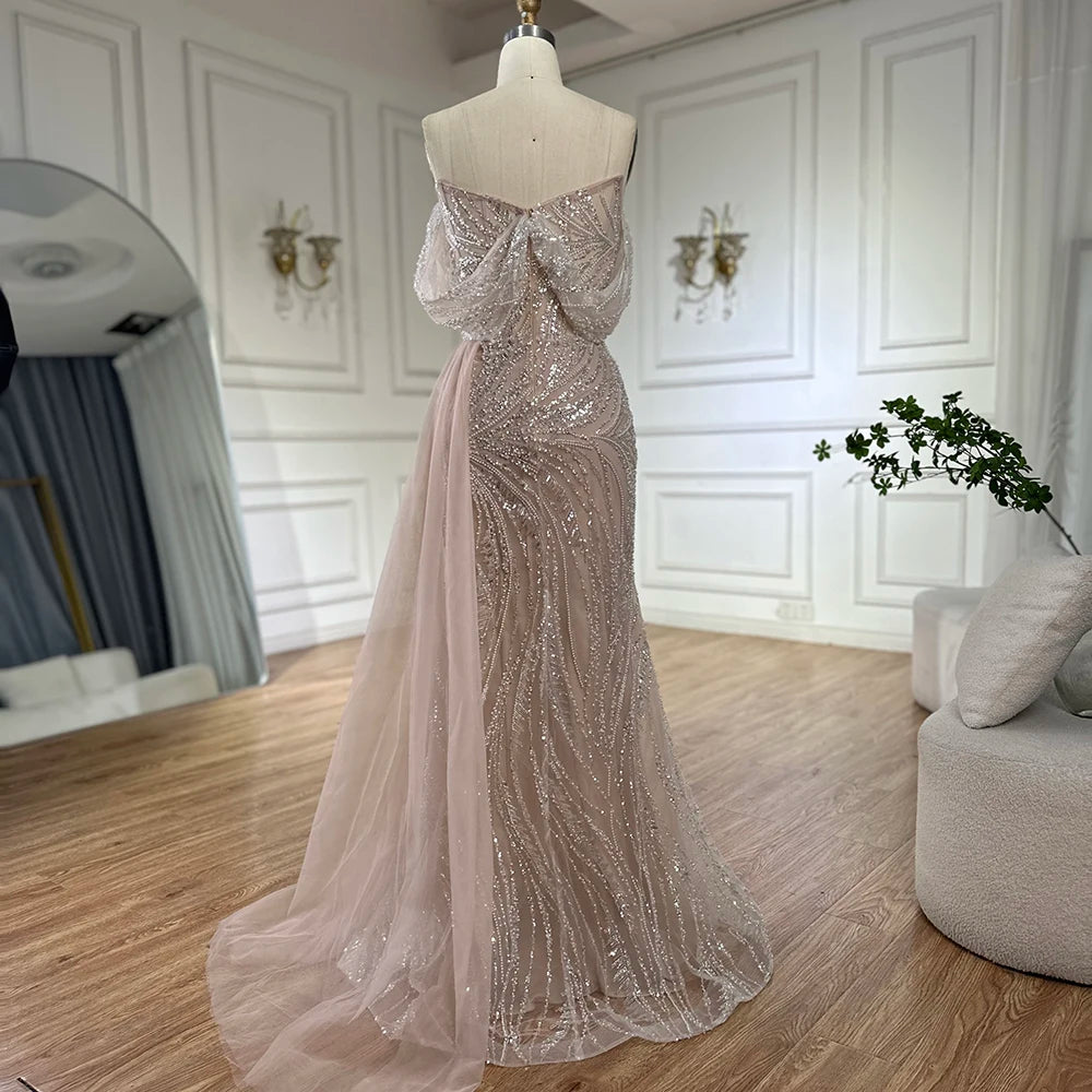 White Arabic Nude Beaded High Split Mermaid Evening Dresses Gowns For Women Wedding Party LA72266B - SERENE HILL