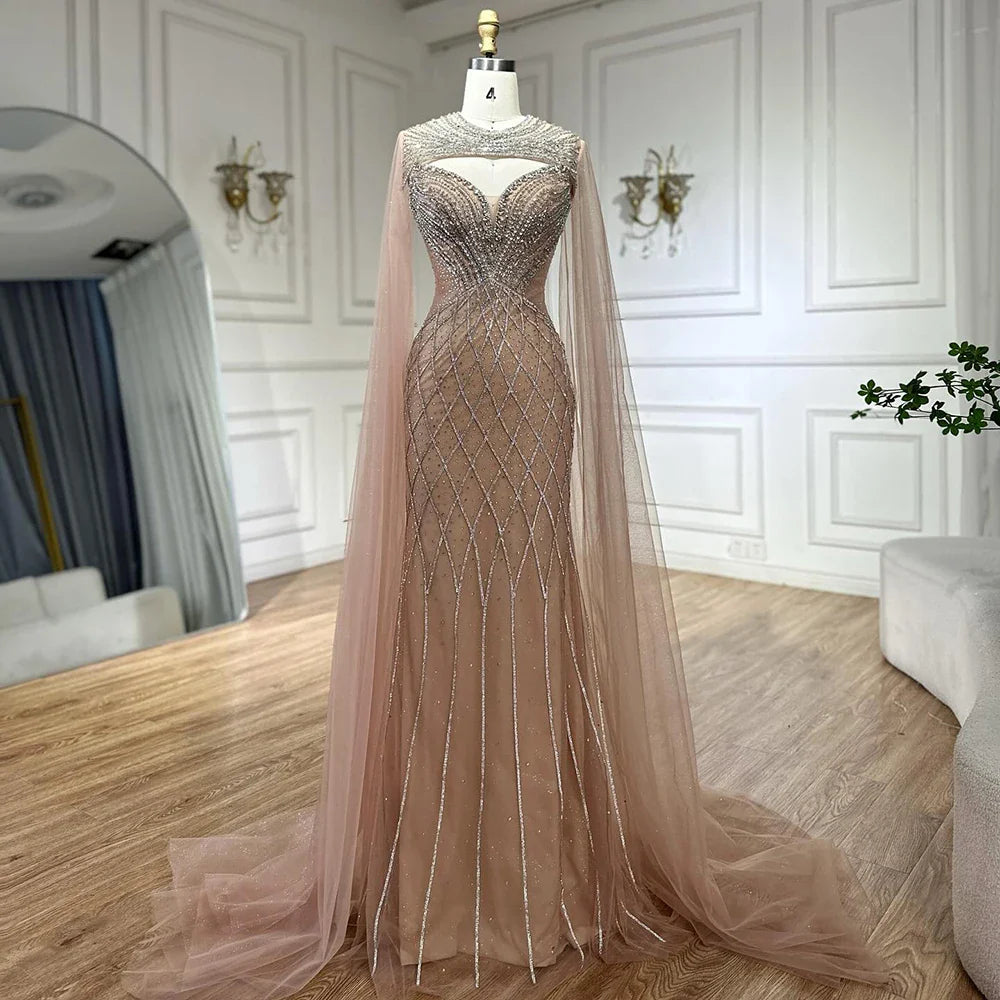 Nude Arabic Beaded Evening Dress Gown with Cape Sleeves LA72814 - SERENE HILL