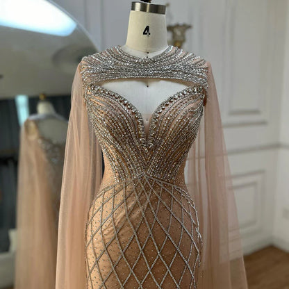 Nude Arabic Beaded Evening Dress Gown with Cape Sleeves LA72814 - SERENE HILL