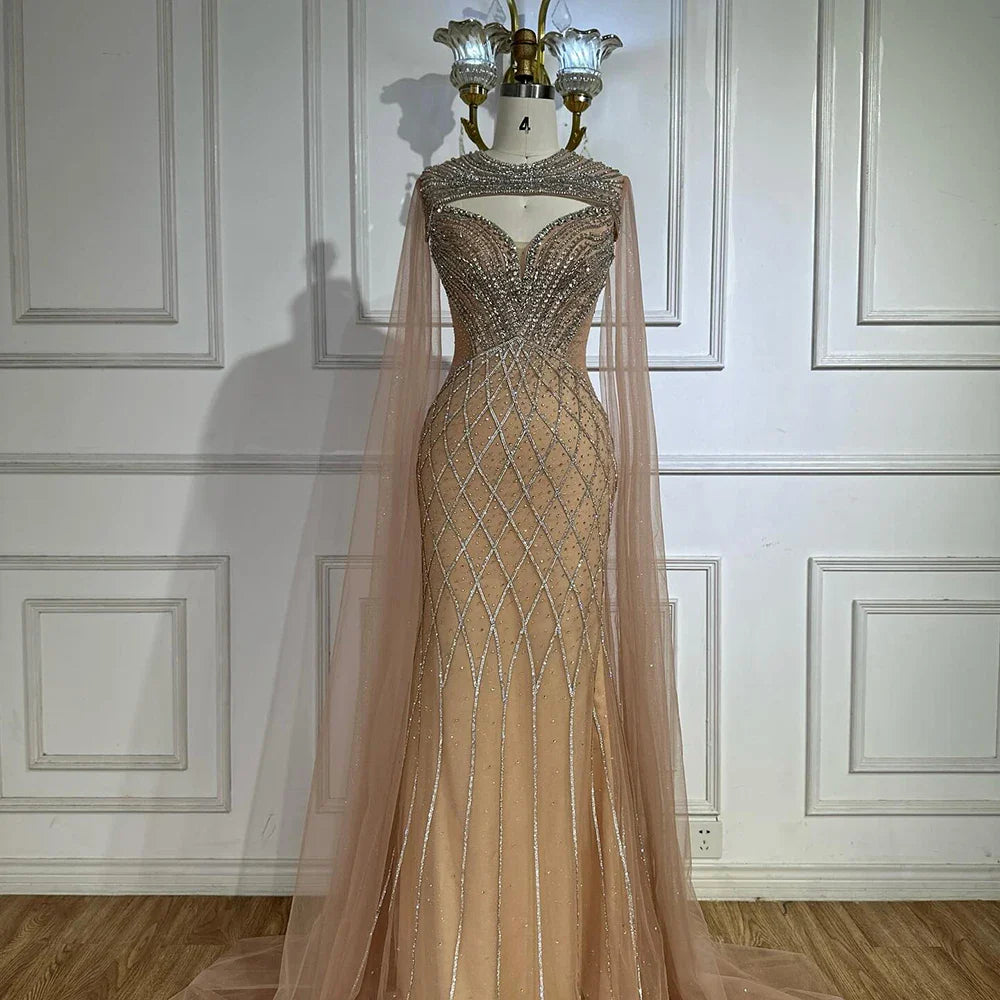 Nude Arabic Beaded Evening Dress Gown with Cape Sleeves LA72814 - SERENE HILL