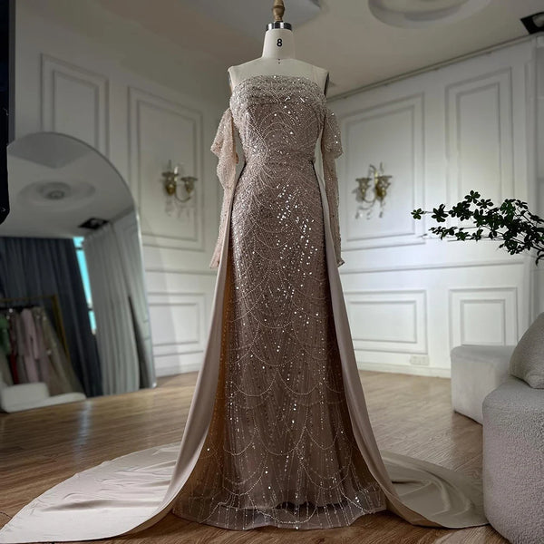 Luxury Nude Pearls Beaded Mermaid Evening Gown with Overskirt LA72160B