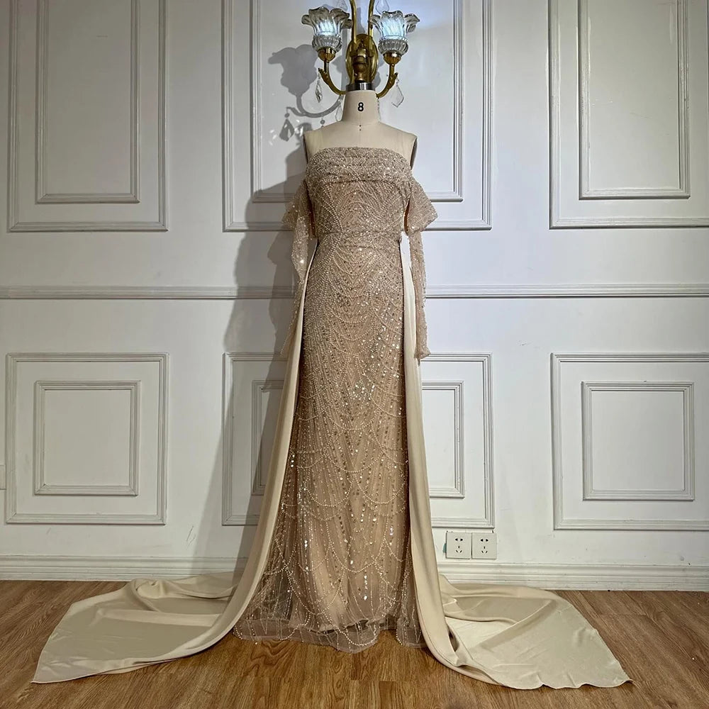 Luxury Nude Pearls Beaded Mermaid Evening Gown with Overskirt LA72160B - SERENE HILL