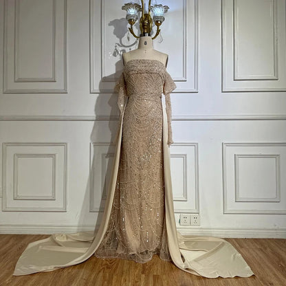 Luxury Nude Pearls Beaded Mermaid Evening Gown with Overskirt LA72160B - SERENE HILL