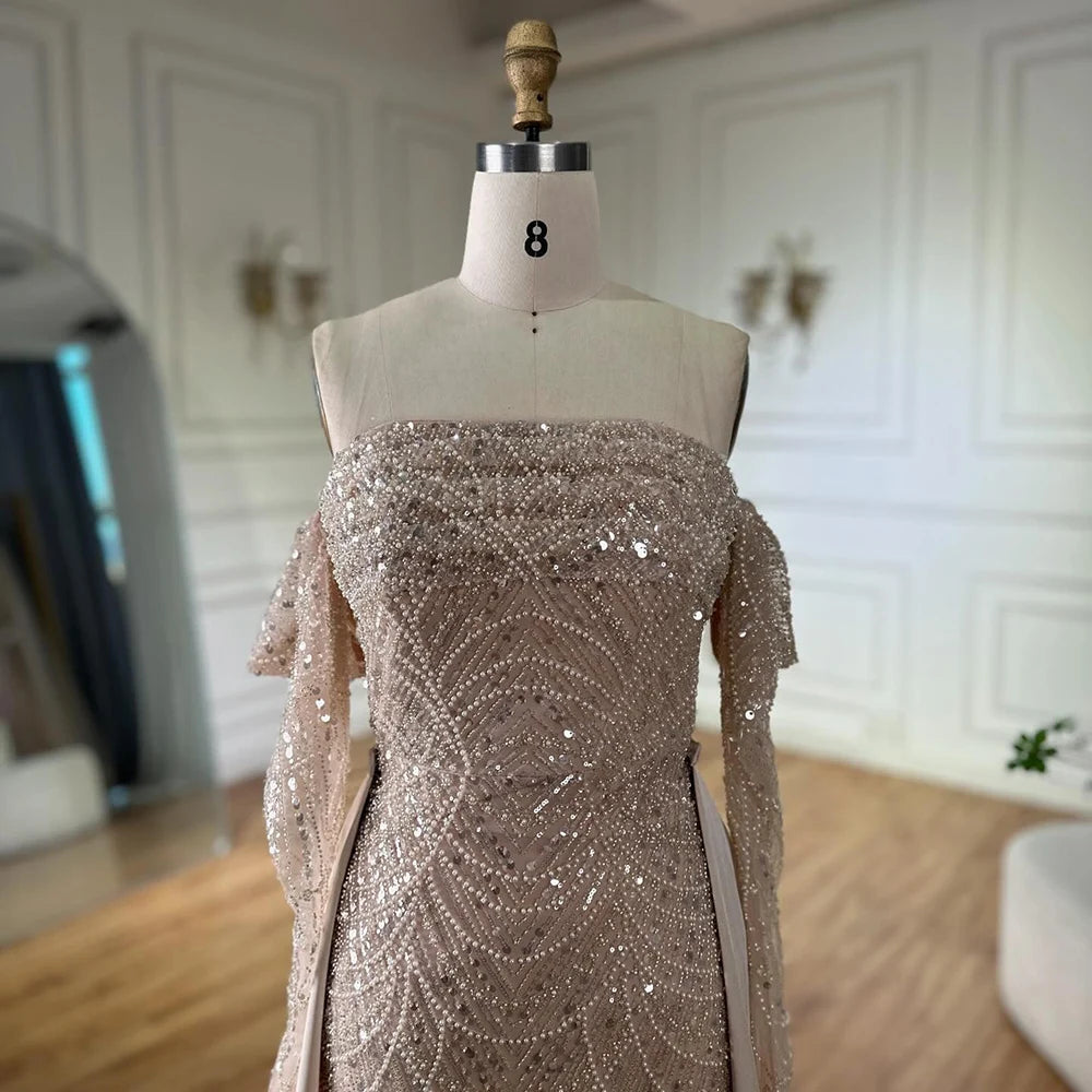 Luxury Nude Pearls Beaded Mermaid Evening Gown with Overskirt LA72160B - SERENE HILL