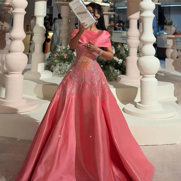 Luxury Pink Satin A-Line Beaded Evening Dress LA72195A