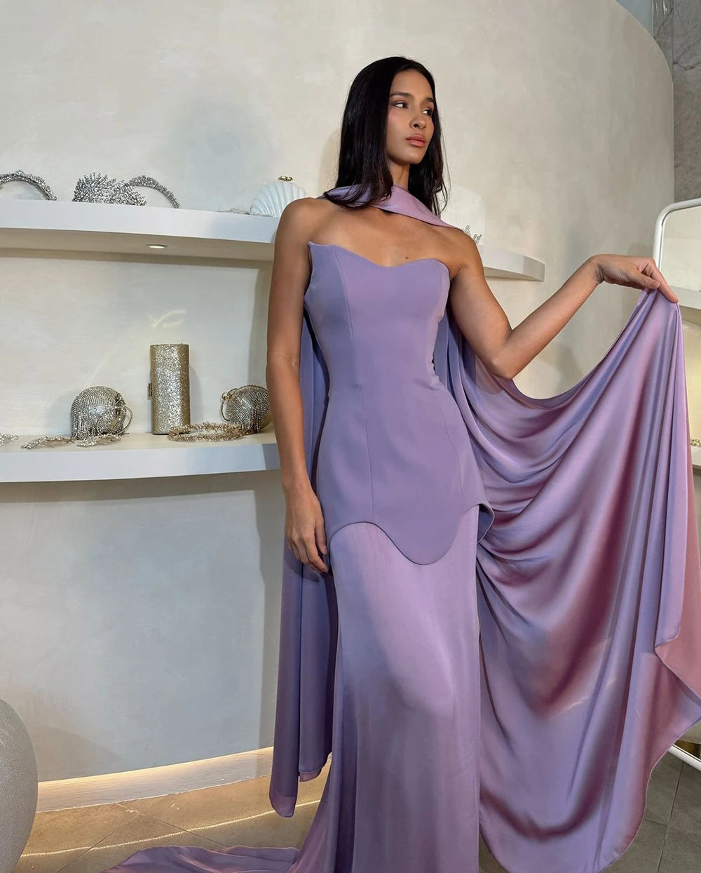 Luxury Dubai Arabic Purple Mermaid Satin Evening Dresses Gowns with Long Cape for Formal Occasion LA72813 - SERENE HILL