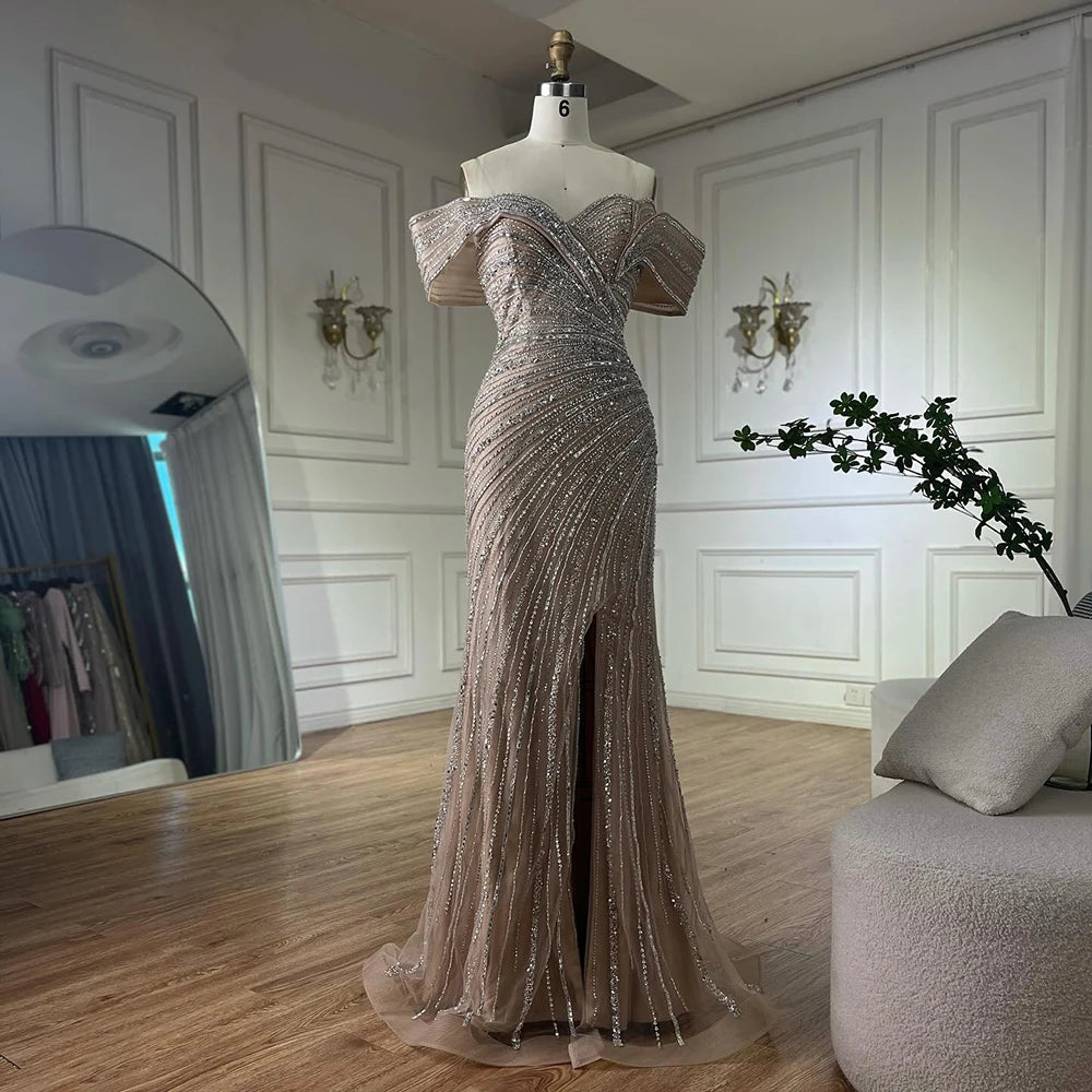 Luxury Dubai Arabic Silver Nude Mermaid Beaded Evening Dress with Split for Formal Occasion Saudi LA72481A - SERENE HILL