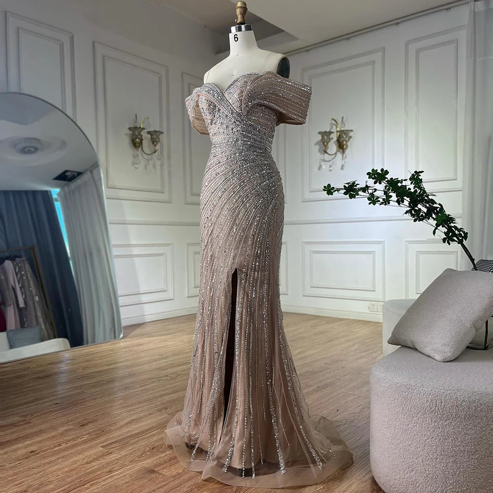 Luxury Dubai Arabic Silver Nude Mermaid Beaded Evening Dress with Split for Formal Occasion Saudi LA72481A - SERENE HILL