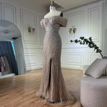 Luxury Dubai Arabic Silver Nude Mermaid Beaded Evening Dress with Split for Formal Occasion Saudi LA72481A - SERENE HILL