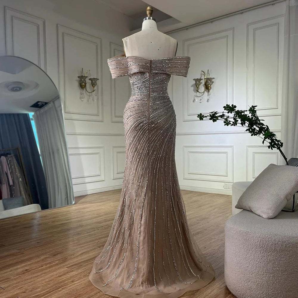 Luxury Dubai Arabic Silver Nude Mermaid Beaded Evening Dress with Split for Formal Occasion Saudi LA72481A - SERENE HILL