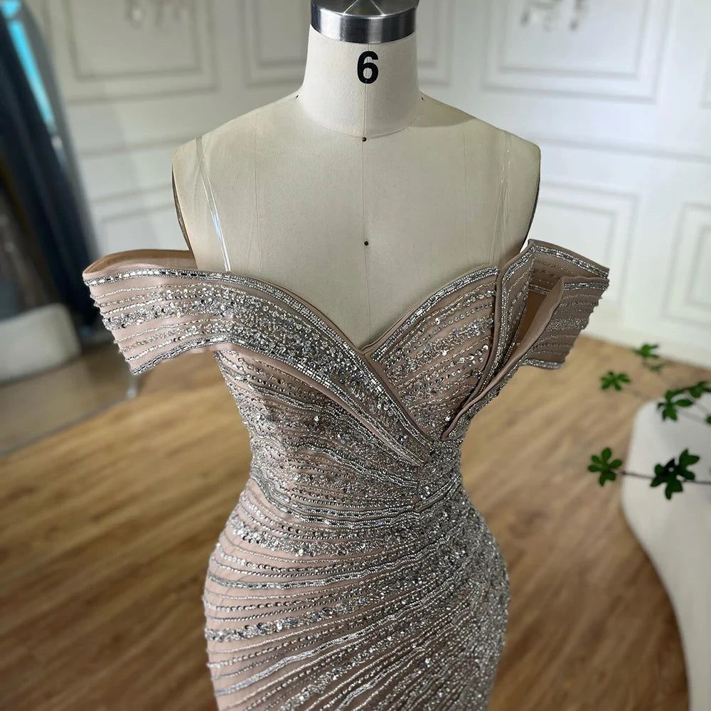 Luxury Dubai Arabic Silver Nude Mermaid Beaded Evening Dress with Split for Formal Occasion Saudi LA72481A - SERENE HILL