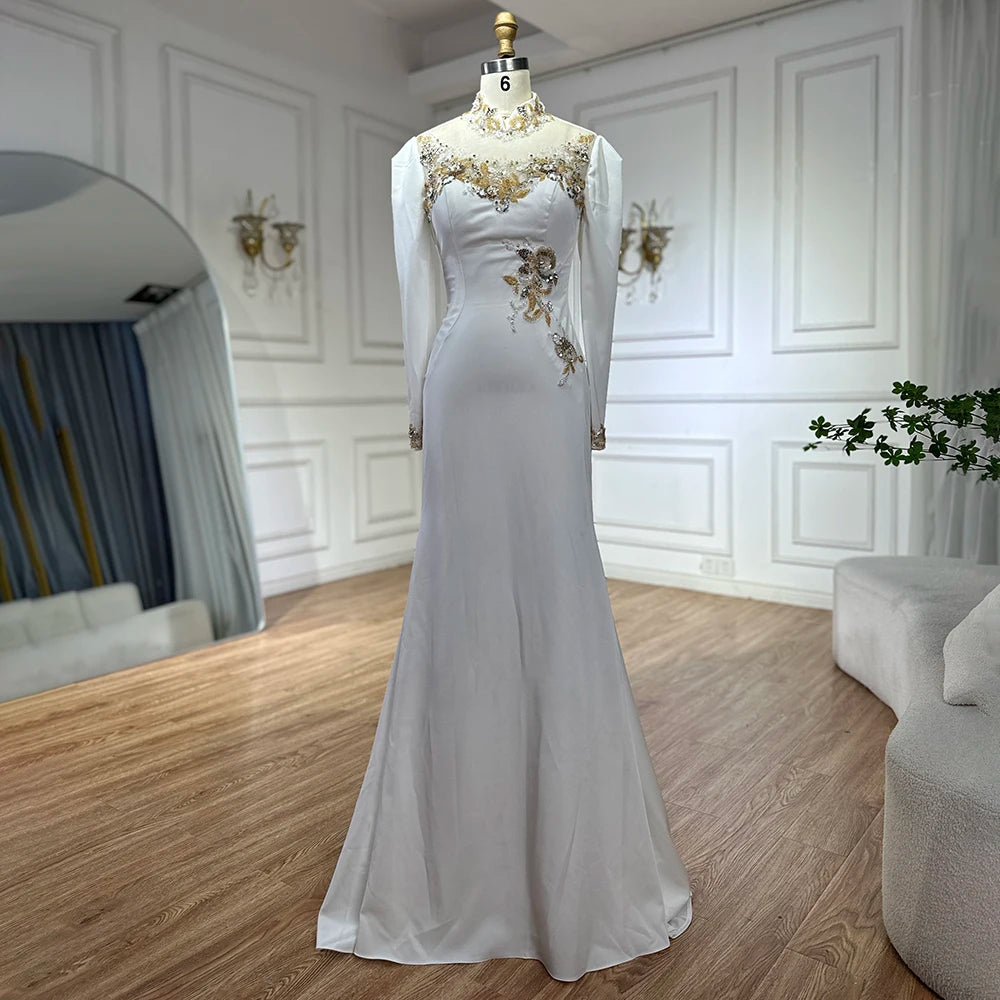 Luxury Dubai Arabic White Beaded Satin Saudi Mermaid Evening Dresses Gowns for Formal Occasion LA72815 - SERENE HILL