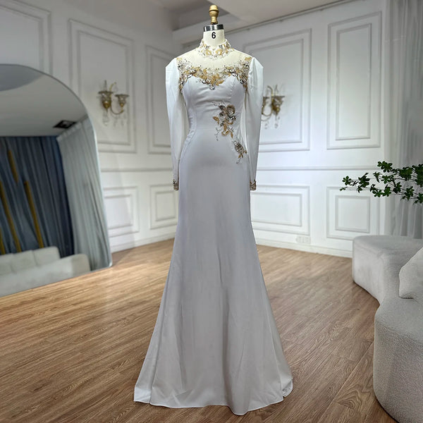 Luxury Dubai   Arabic White Beaded Satin Saudi Mermaid Evening Dresses Gowns for Formal Occasion LA72815