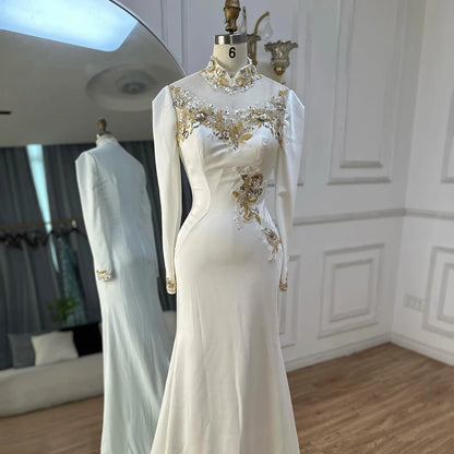 Luxury Dubai Arabic White Beaded Satin Saudi Mermaid Evening Dresses Gowns for Formal Occasion LA72815 - SERENE HILL