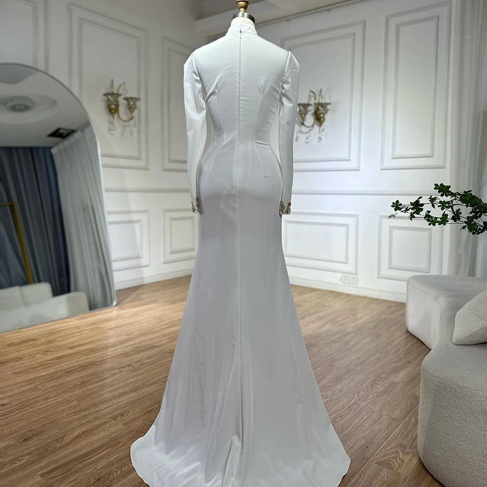 Luxury Dubai Arabic White Beaded Satin Saudi Mermaid Evening Dresses Gowns for Formal Occasion LA72815 - SERENE HILL