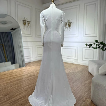 Luxury Dubai Arabic White Beaded Satin Saudi Mermaid Evening Dresses Gowns for Formal Occasion LA72815 - SERENE HILL