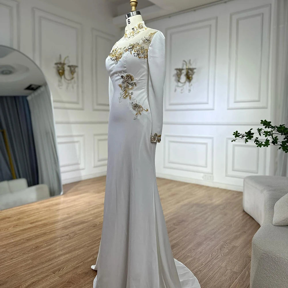 Luxury Dubai Arabic White Beaded Satin Saudi Mermaid Evening Dresses Gowns for Formal Occasion LA72815 - SERENE HILL
