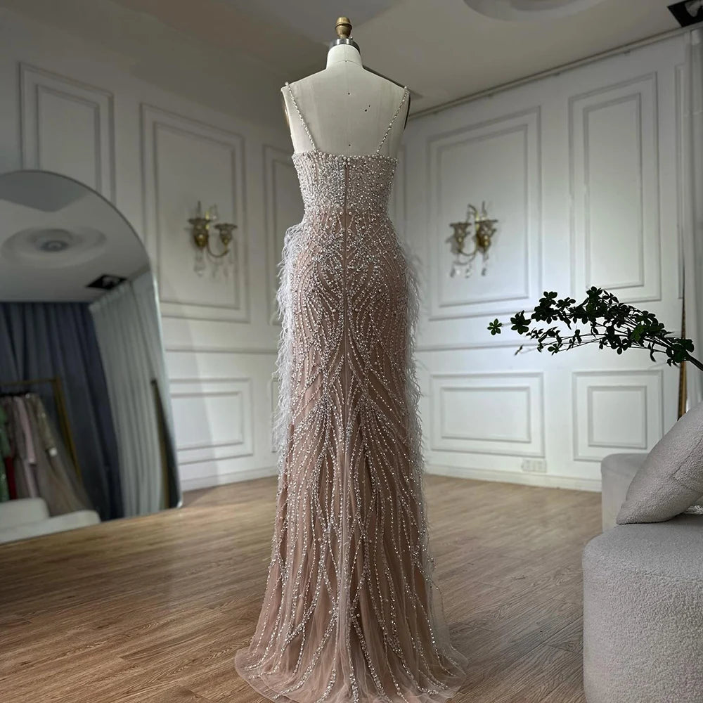 Luxury White Nude Spaghetti Strap Feathers Beaded Mermaid Dress LA72823 White Nude / 14