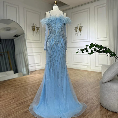 Luxury Dubai Blue Feather Beaded Luxury Mermaid Evening Dresses Gowns for Women Formal Occasion LA72836 - SERENE HILL